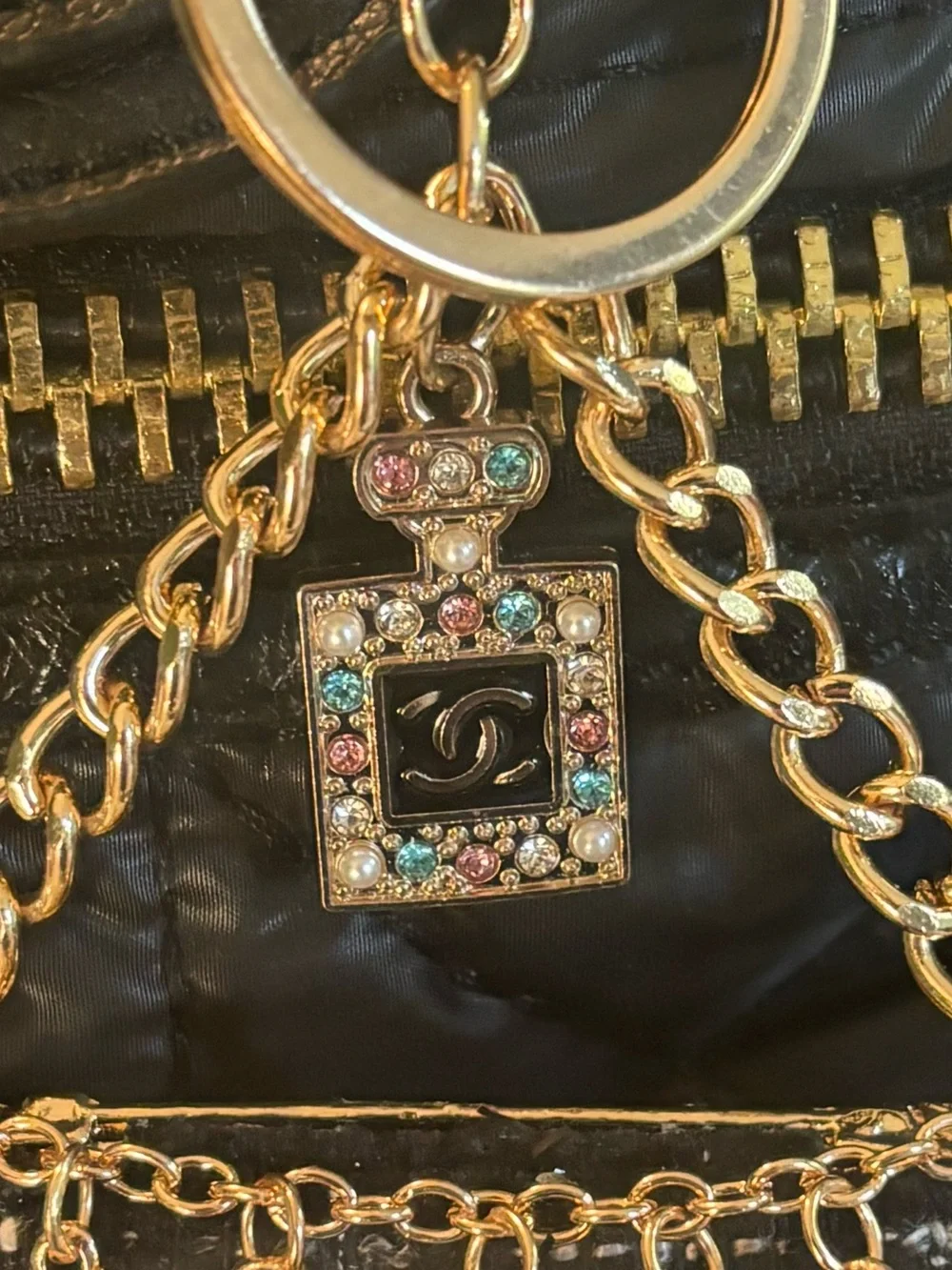 Gold-Tone Black Purse Charm Keychain with Crystal Charms